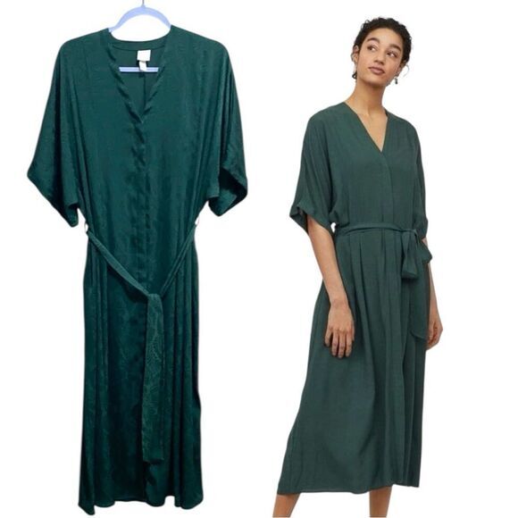 H&M Green Kaftan Midi Maxi Dress Palm Leaf Print Belted V-Neck‎ US 6 - Picture 1 of 16